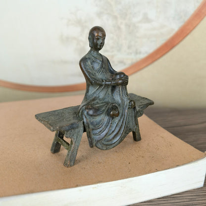 Small Monk Statue on Bench - Handcrafted, Unique Gift, Rare Collectible