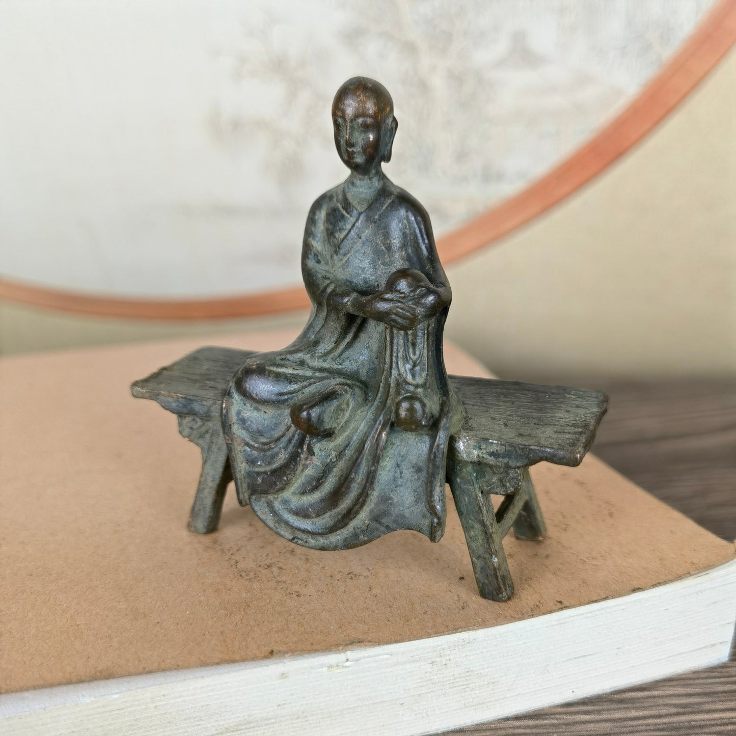 Small Monk Statue on Bench - Handcrafted, Unique Gift, Rare Collectible