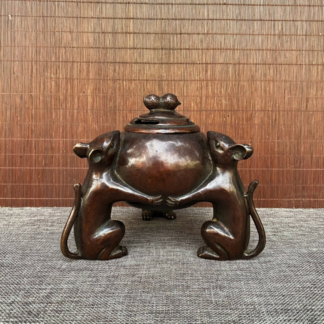 Exquisitely Carved Purple Copper Three Mice Wealth Incense Burner - A Must-Have for Collectors, Unique Gift