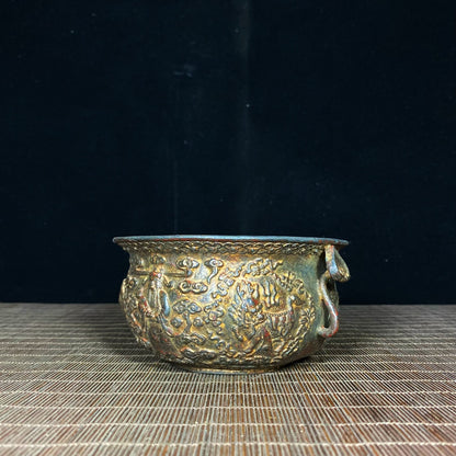 Antique Style God of Wealth and Auspicious Kylin Treasure Bowl - Exquisite Handcraft, Rare Collectible