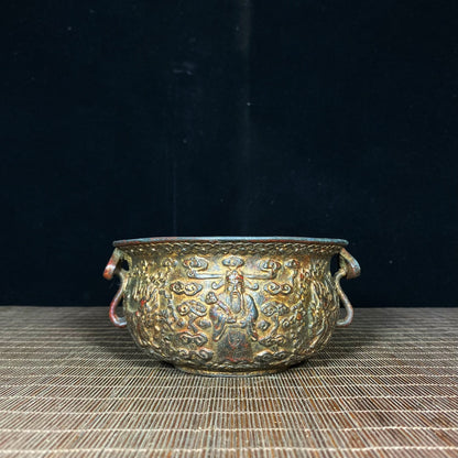 Antique Style God of Wealth and Auspicious Kylin Treasure Bowl - Exquisite Handcraft, Rare Collectible