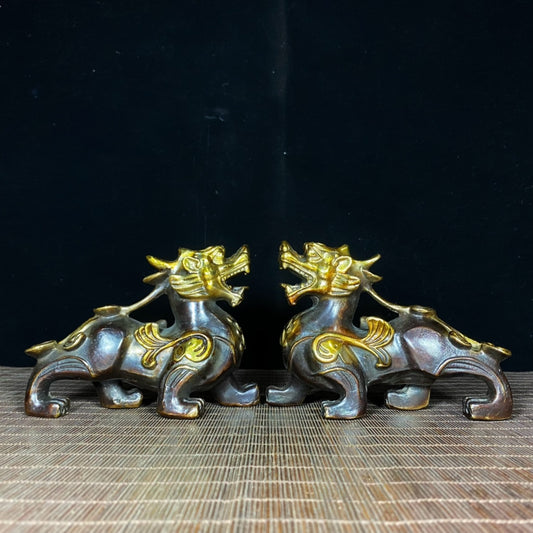 Pair of Gilded Pure Copper Pixiu Statues - Exquisite Handcrafted Art, Unique Gift