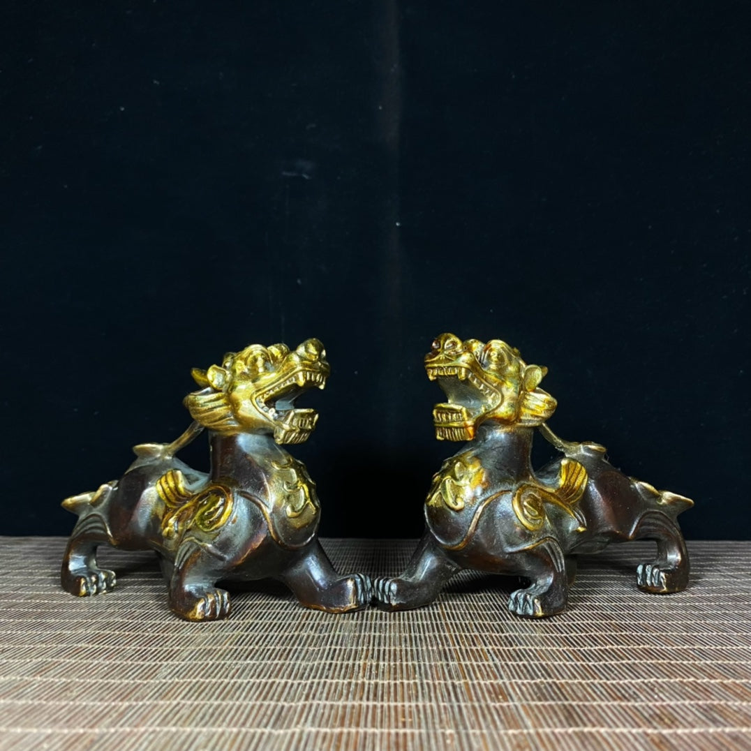 Pair of Gilded Pure Copper Pixiu Statues - Exquisite Handcrafted Art, Unique Gift