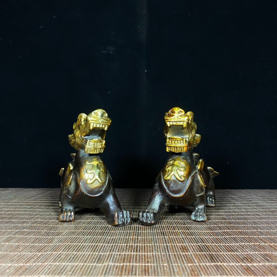 Pair of Gilded Pure Copper Pixiu Statues - Exquisite Handcrafted Art, Unique Gift