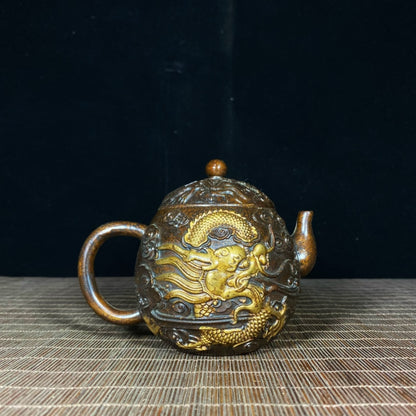 Exquisite Craftsmanship Gilded Copper Teapot with Embossed Golden Dragon and Cloud Design - Unique Gift and Collectible