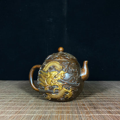 Exquisite Craftsmanship Gilded Copper Teapot with Embossed Golden Dragon and Cloud Design - Unique Gift and Collectible