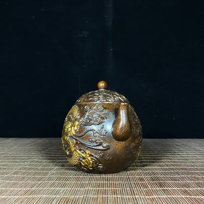 Exquisite Craftsmanship Gilded Copper Teapot with Embossed Golden Dragon and Cloud Design - Unique Gift and Collectible