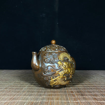 Exquisite Craftsmanship Gilded Copper Teapot with Embossed Golden Dragon and Cloud Design - Unique Gift and Collectible