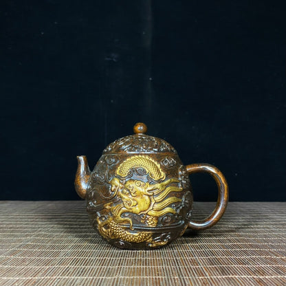 Exquisite Craftsmanship Gilded Copper Teapot with Embossed Golden Dragon and Cloud Design - Unique Gift and Collectible