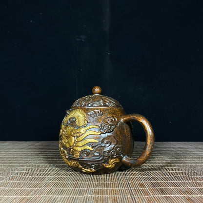 Exquisite Craftsmanship Gilded Copper Teapot with Embossed Golden Dragon and Cloud Design - Unique Gift and Collectible