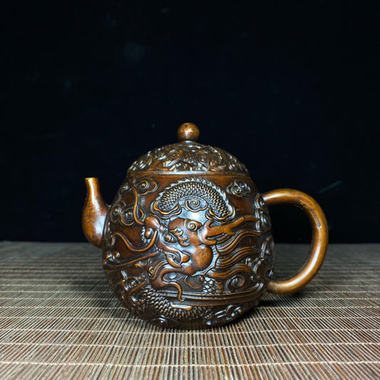 Exquisite Handcrafted Pure Copper Teapot with Golden Dragon and Cloud Embossing - Unique Collectible Gift