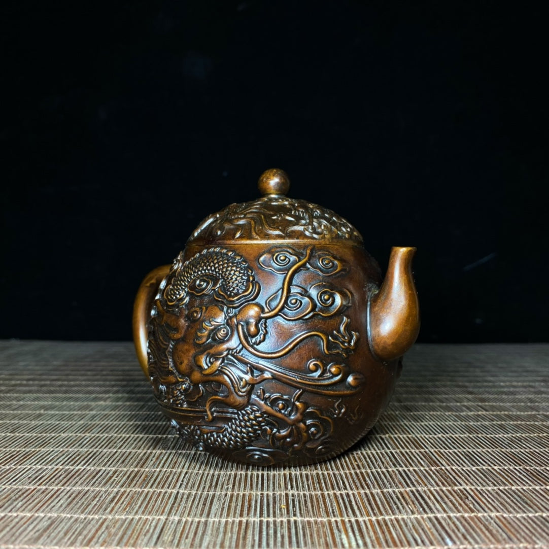 Exquisite Handcrafted Pure Copper Teapot with Golden Dragon and Cloud Embossing - Unique Collectible Gift