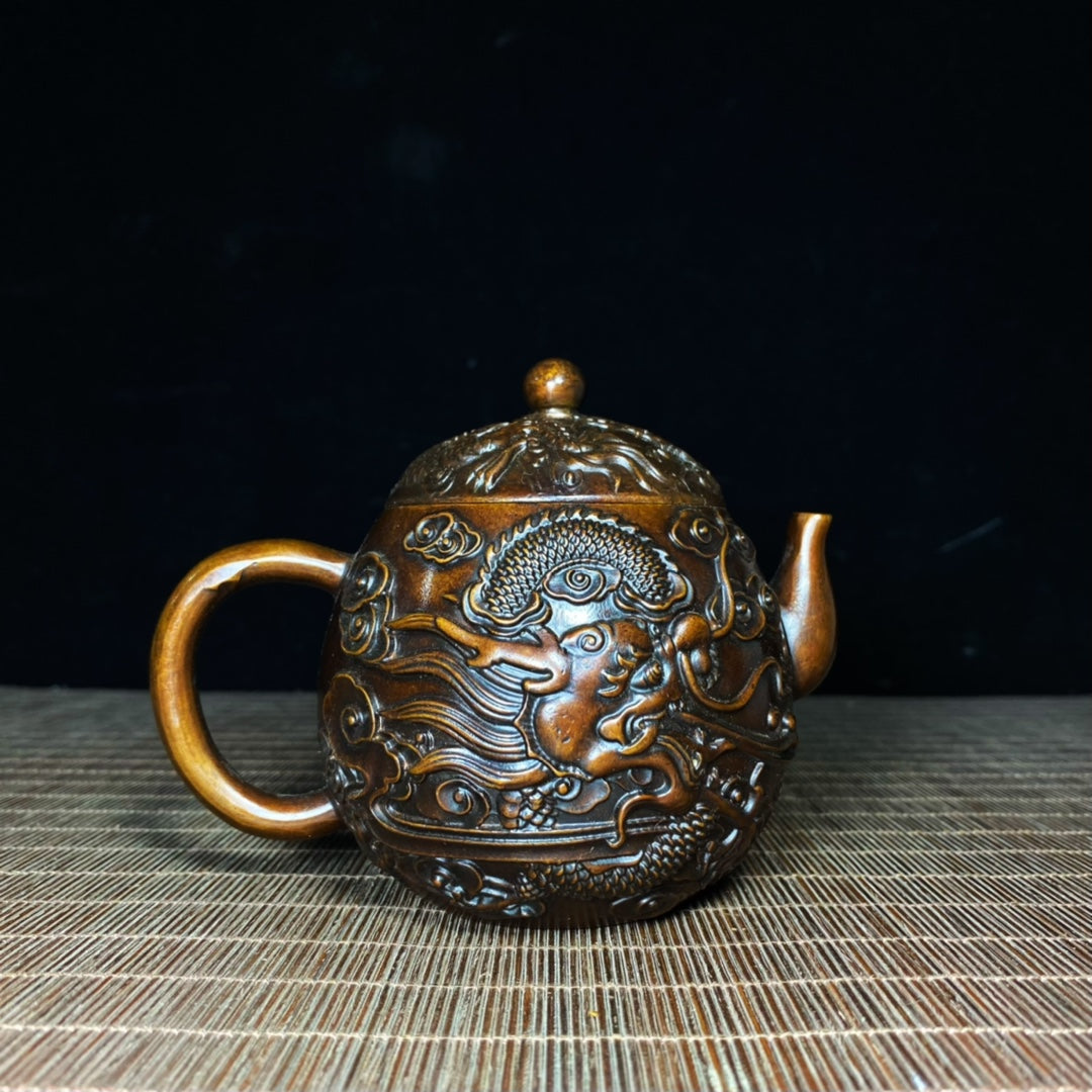 Exquisite Handcrafted Pure Copper Teapot with Golden Dragon and Cloud Embossing - Unique Collectible Gift