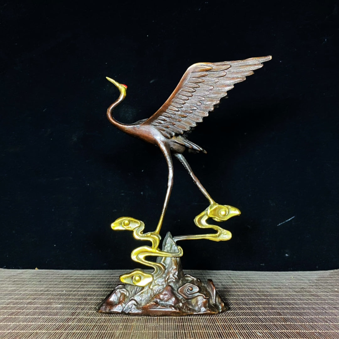 Exquisite Handcrafted Gilded Copper Red-Crowned Crane Statue