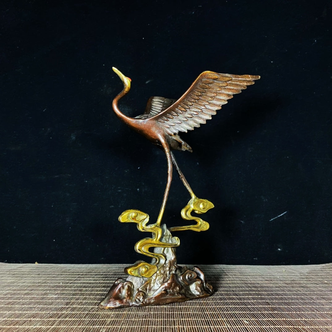 Exquisite Handcrafted Gilded Copper Red-Crowned Crane Statue