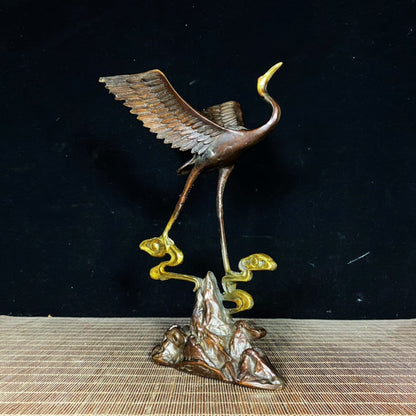 Exquisite Handcrafted Gilded Copper Red-Crowned Crane Statue