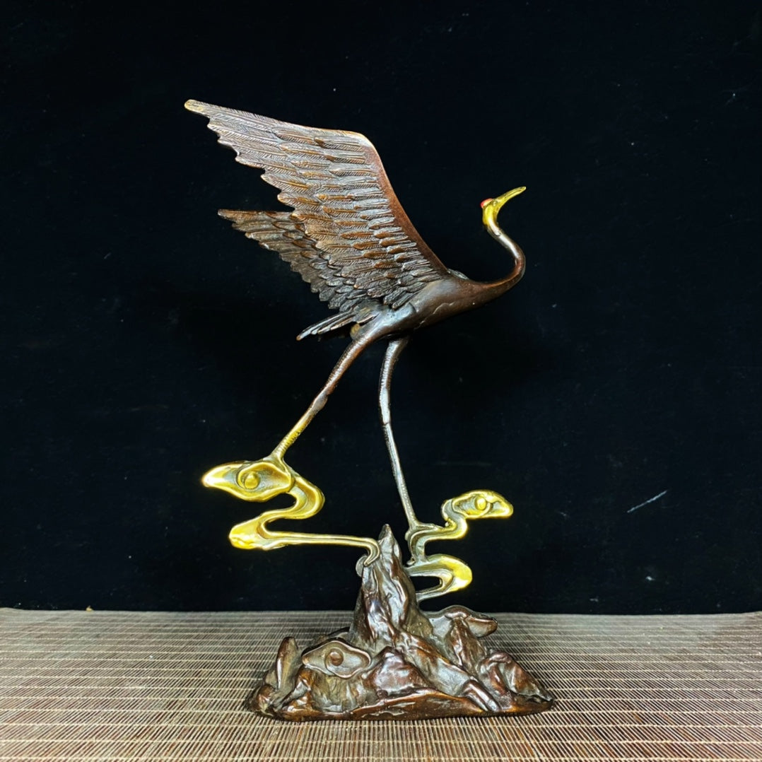 Exquisite Handcrafted Gilded Copper Red-Crowned Crane Statue