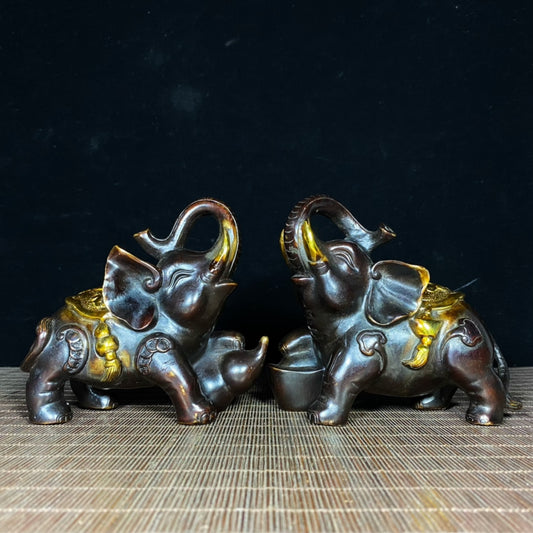 Exquisite Pair of Gilded Bronze Elephant Statues - Symbol of Wealth and Good Luck