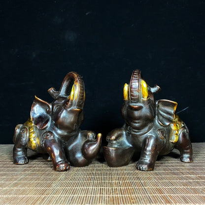 Exquisite Pair of Gilded Bronze Elephant Statues - Symbol of Wealth and Good Luck