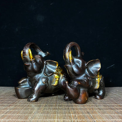 Exquisite Pair of Gilded Bronze Elephant Statues - Symbol of Wealth and Good Luck