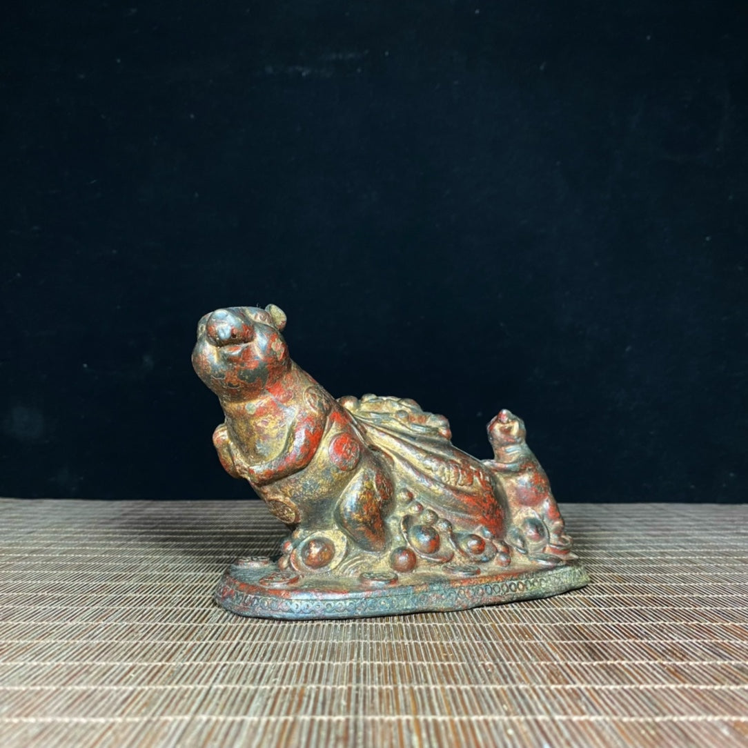 Exquisite Hand-Carved Antique Mouse Carrying Money Bag Sculpture