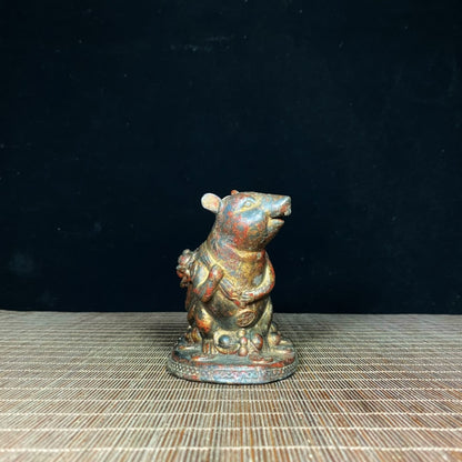 Exquisite Hand-Carved Antique Mouse Carrying Money Bag Sculpture