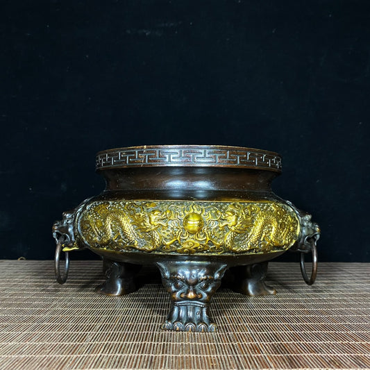 Exquisite Gilded Bronze Incense Burner with Dual Dragons and Lion Handles