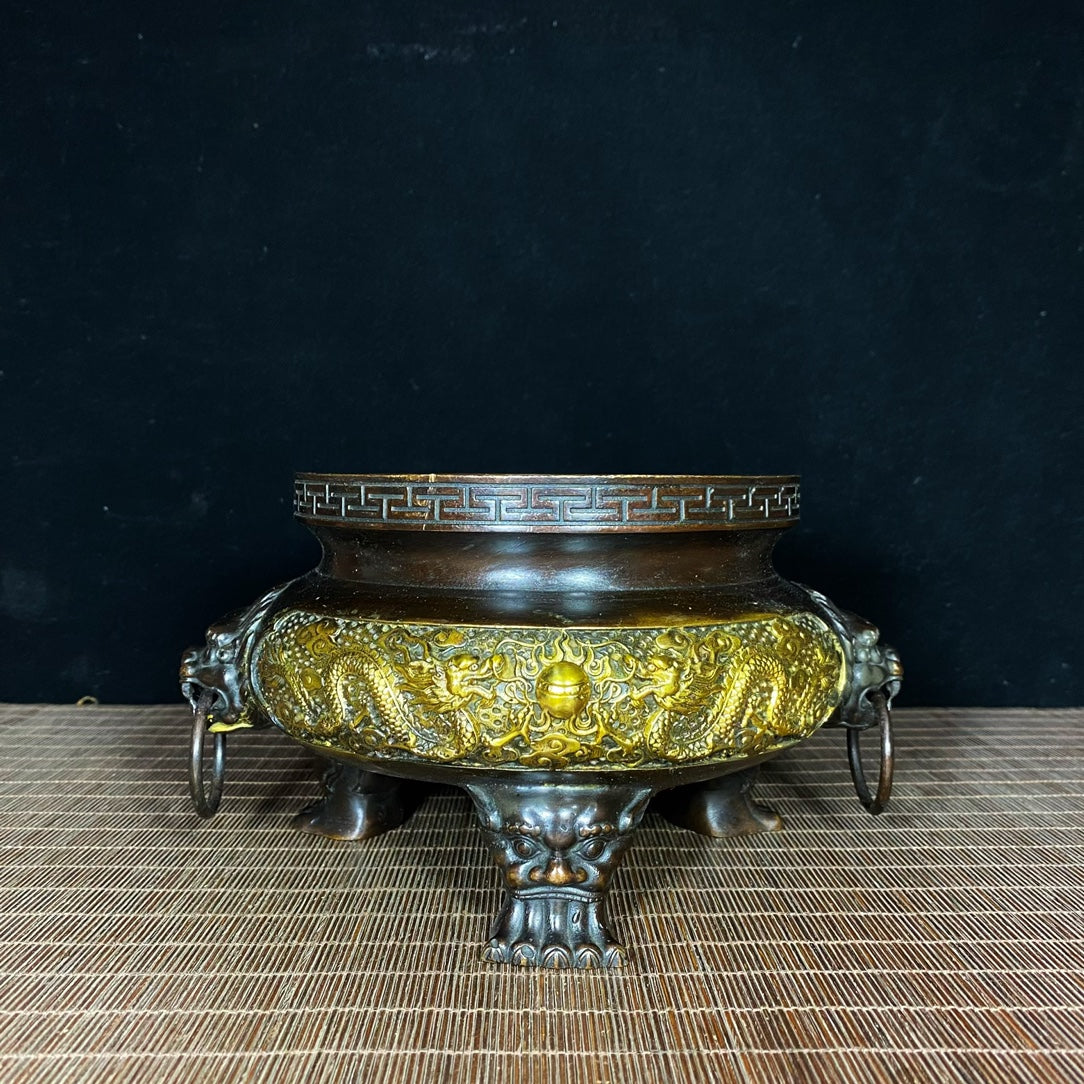 Exquisite Gilded Bronze Incense Burner with Dual Dragons and Lion Handles