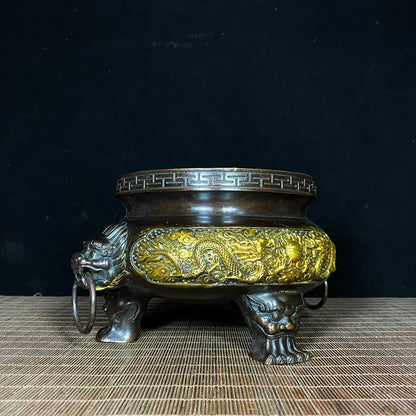 Exquisite Gilded Bronze Incense Burner with Dual Dragons and Lion Handles