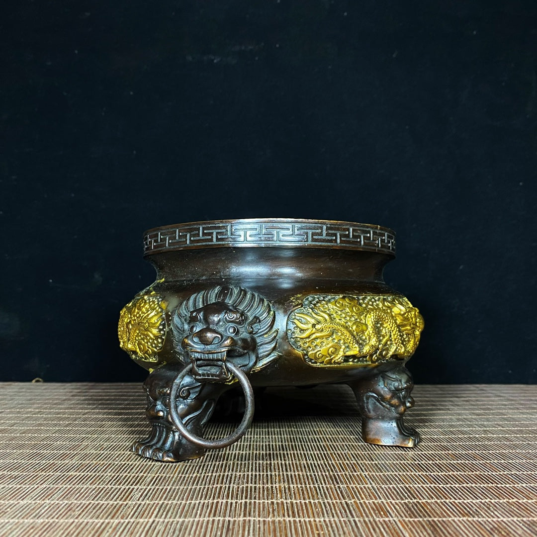 Exquisite Gilded Bronze Incense Burner with Dual Dragons and Lion Handles