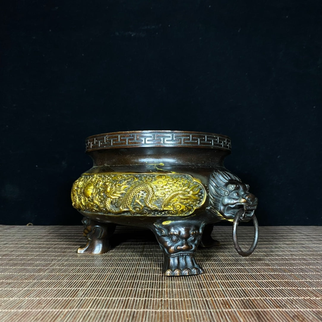 Exquisite Gilded Bronze Incense Burner with Dual Dragons and Lion Handles