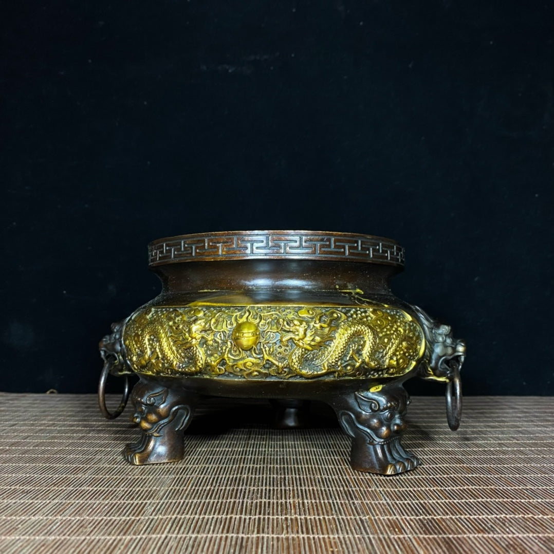 Exquisite Gilded Bronze Incense Burner with Dual Dragons and Lion Handles