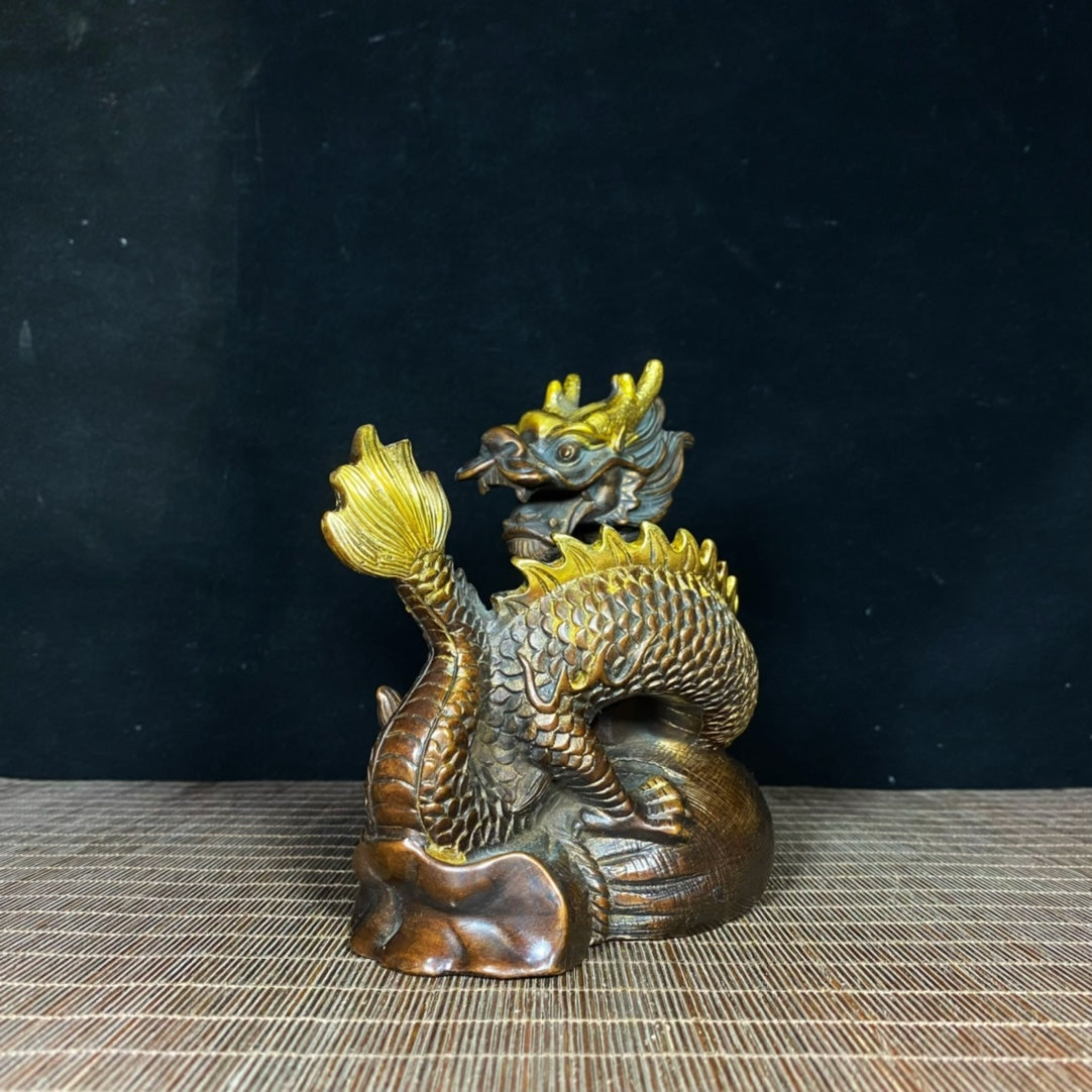 Handcrafted Pure Copper Gilded Prosperity Dragon Sculpture