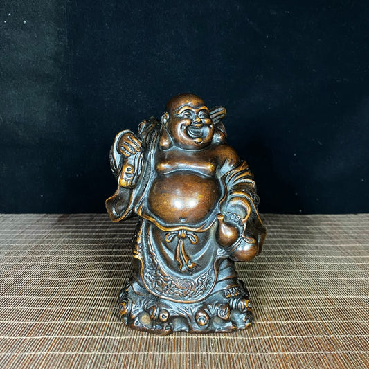 Exquisite Handcrafted Pure Copper Golden Bag Happy Buddha Statue - Unique Gift for Collectors & Decor Enthusiasts