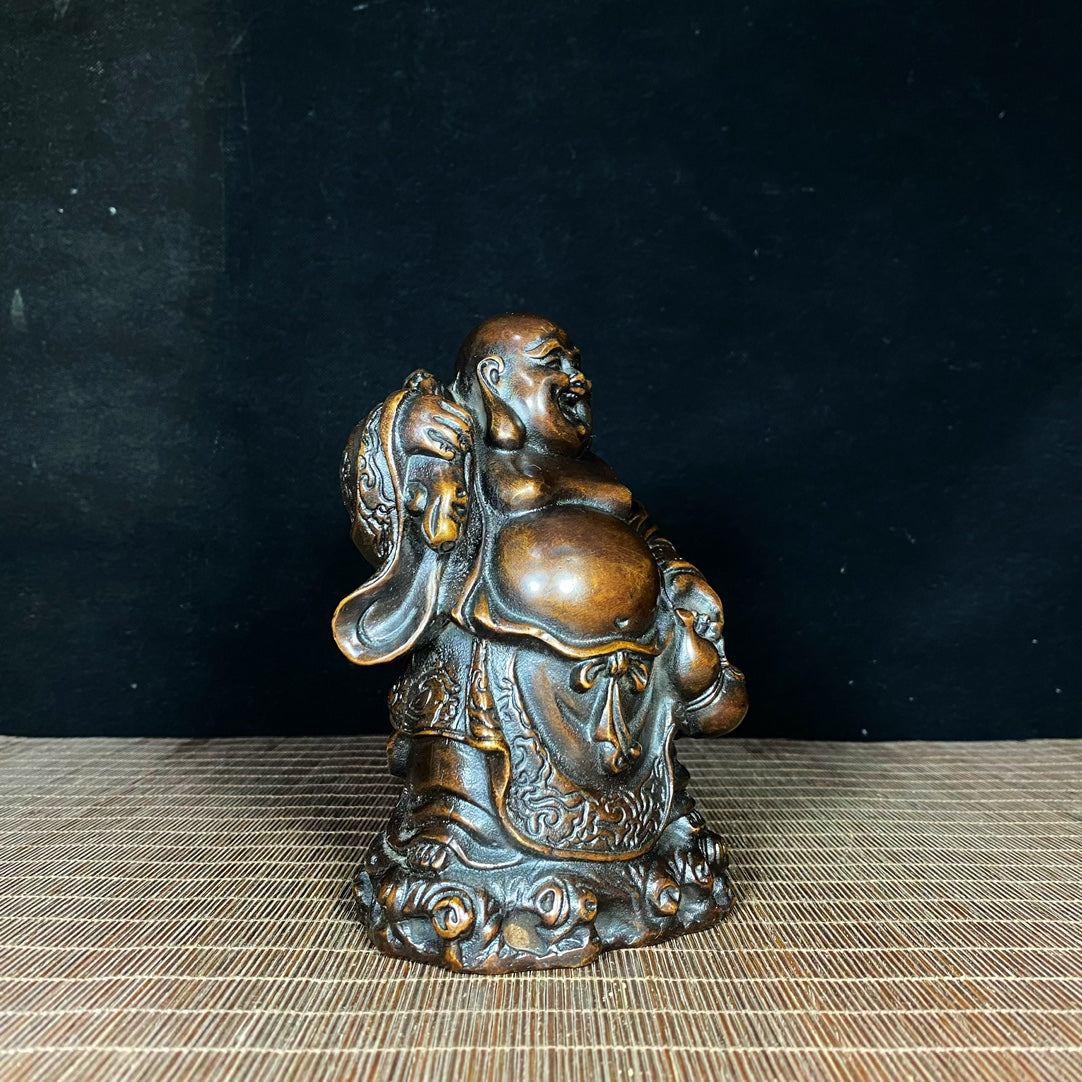 Exquisite Handcrafted Pure Copper Golden Bag Happy Buddha Statue - Unique Gift for Collectors & Decor Enthusiasts