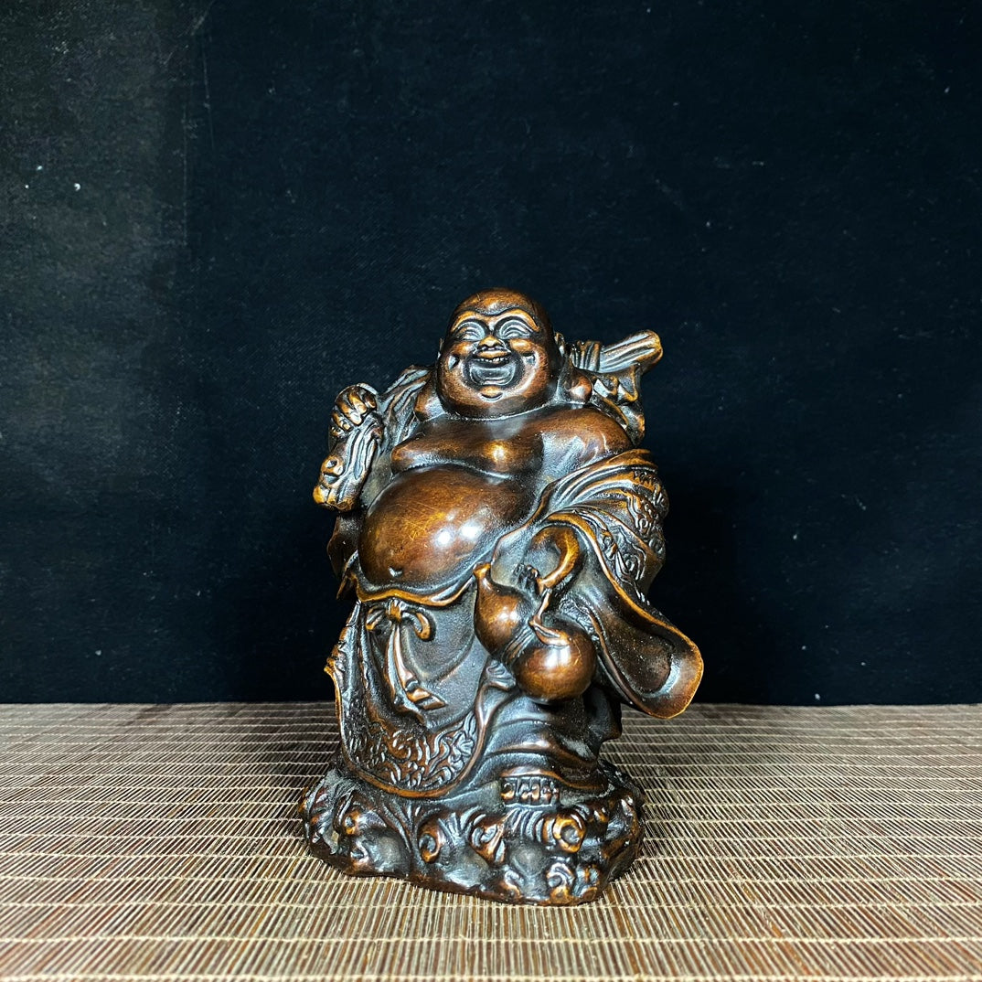 Exquisite Handcrafted Pure Copper Golden Bag Happy Buddha Statue - Unique Gift for Collectors & Decor Enthusiasts