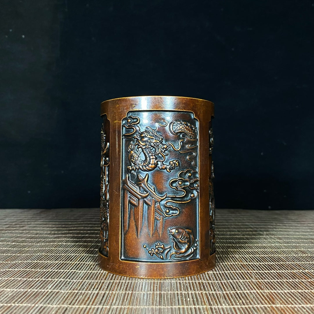 Solid Brass Gilt Embossed Pen Holder - Exquisite Handcrafted Art, Rare Unique Gift