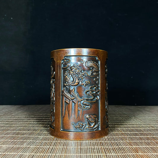 Solid Brass Gilt Embossed Pen Holder - Exquisite Handcrafted Art, Rare Unique Gift