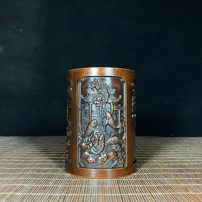 Solid Brass Gilt Embossed Pen Holder - Exquisite Handcrafted Art, Rare Unique Gift