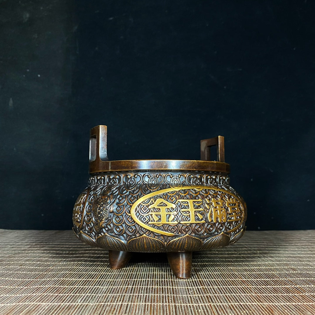 Exquisite Handcrafted Gilded Copper Coin Incense Burner - Rare Collectible Art Piece for Home & Office Decor