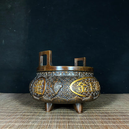 Exquisite Handcrafted Gilded Copper Coin Incense Burner - Rare Collectible Art Piece for Home & Office Decor