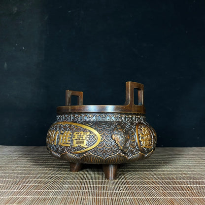 Exquisite Handcrafted Gilded Copper Coin Incense Burner - Rare Collectible Art Piece for Home & Office Decor