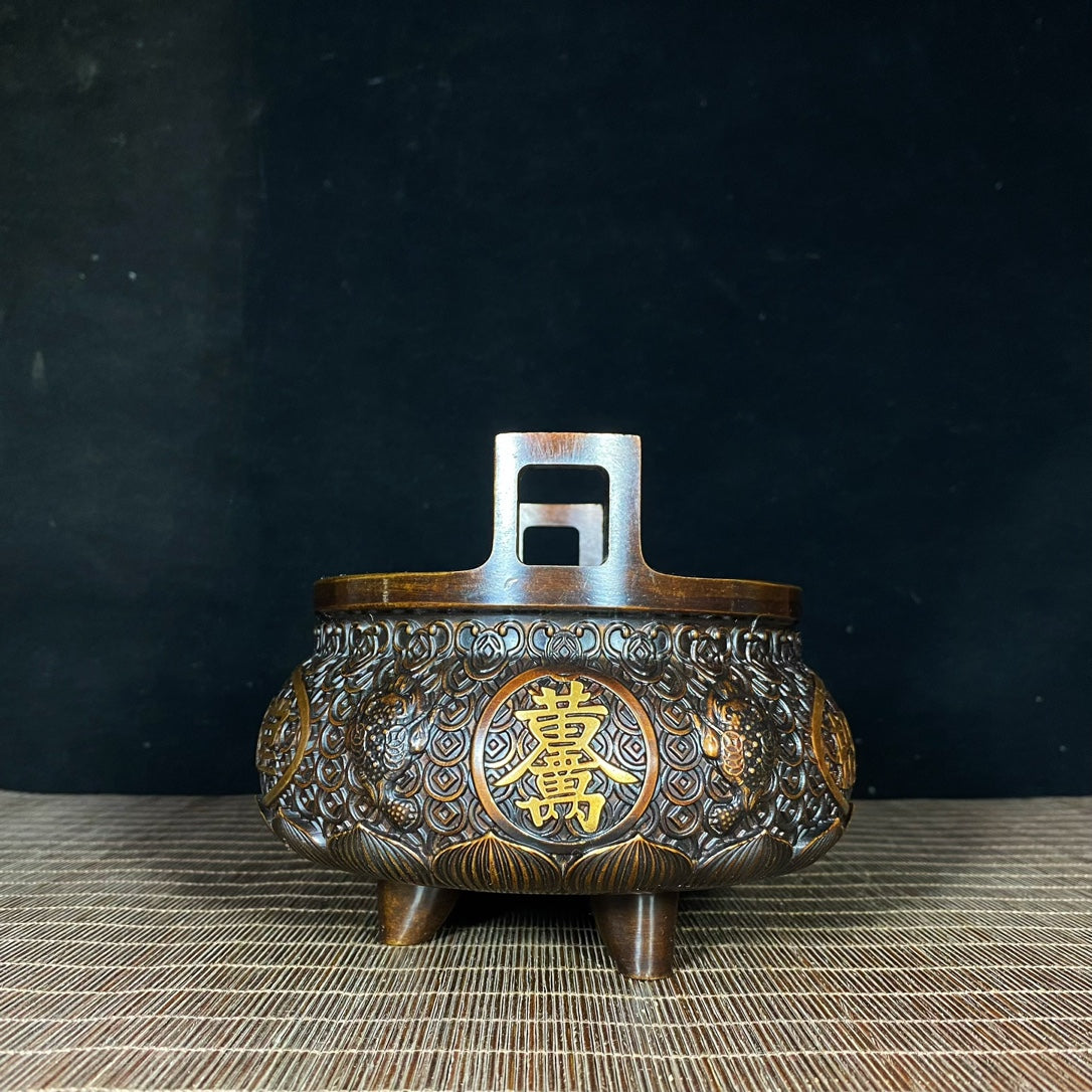 Exquisite Handcrafted Gilded Copper Coin Incense Burner - Rare Collectible Art Piece for Home & Office Decor