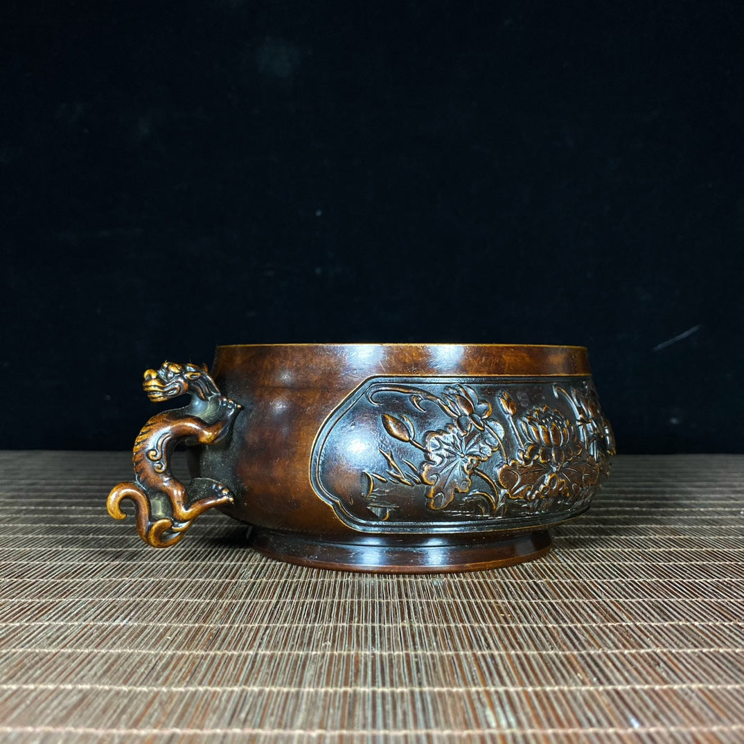 Exquisite Handcrafted Pure Copper Lotus Incense Burner with Dragon Ears - Unique Gift & Rare Collectible