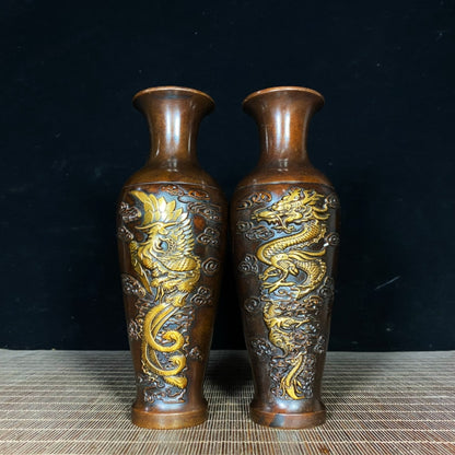 Exquisite Handcrafted Copper Gilt Dragon and Phoenix Vase Pair - Unique Art Gift