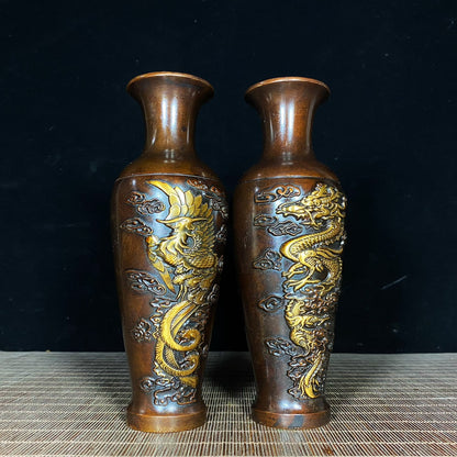 Exquisite Handcrafted Copper Gilt Dragon and Phoenix Vase Pair - Unique Art Gift