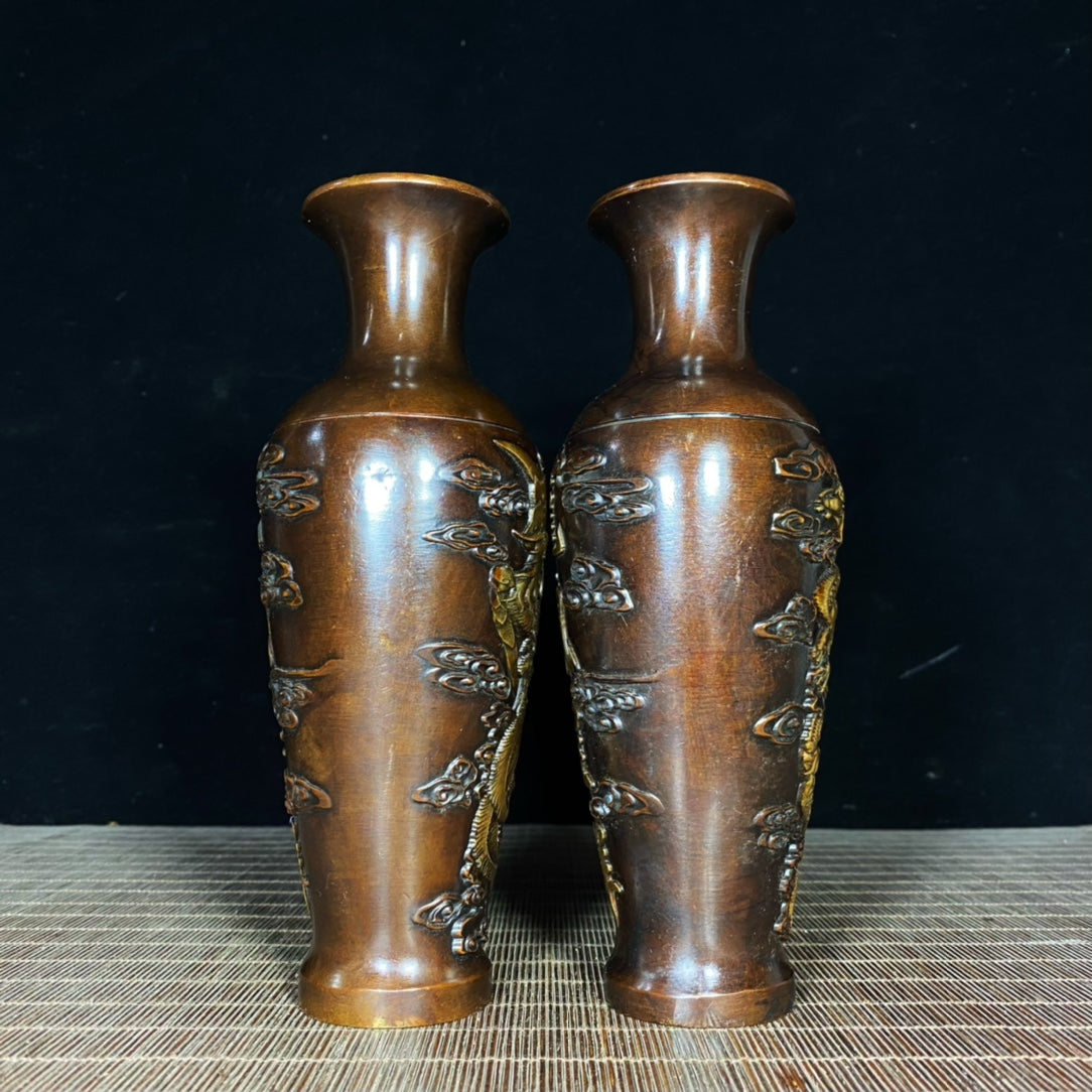 Exquisite Handcrafted Copper Gilt Dragon and Phoenix Vase Pair - Unique Art Gift