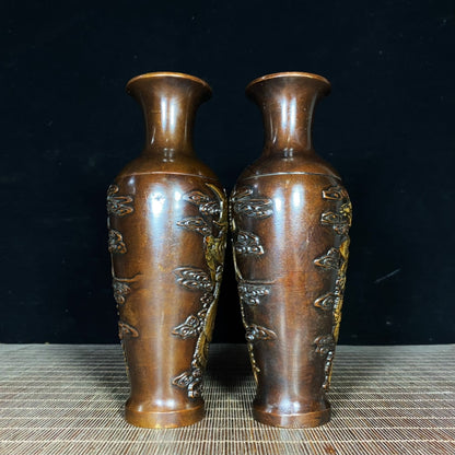 Exquisite Handcrafted Copper Gilt Dragon and Phoenix Vase Pair - Unique Art Gift