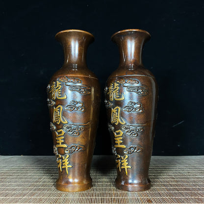 Exquisite Handcrafted Copper Gilt Dragon and Phoenix Vase Pair - Unique Art Gift