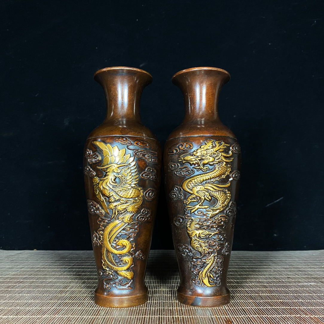 Exquisite Handcrafted Copper Gilt Dragon and Phoenix Vase Pair - Unique Art Gift